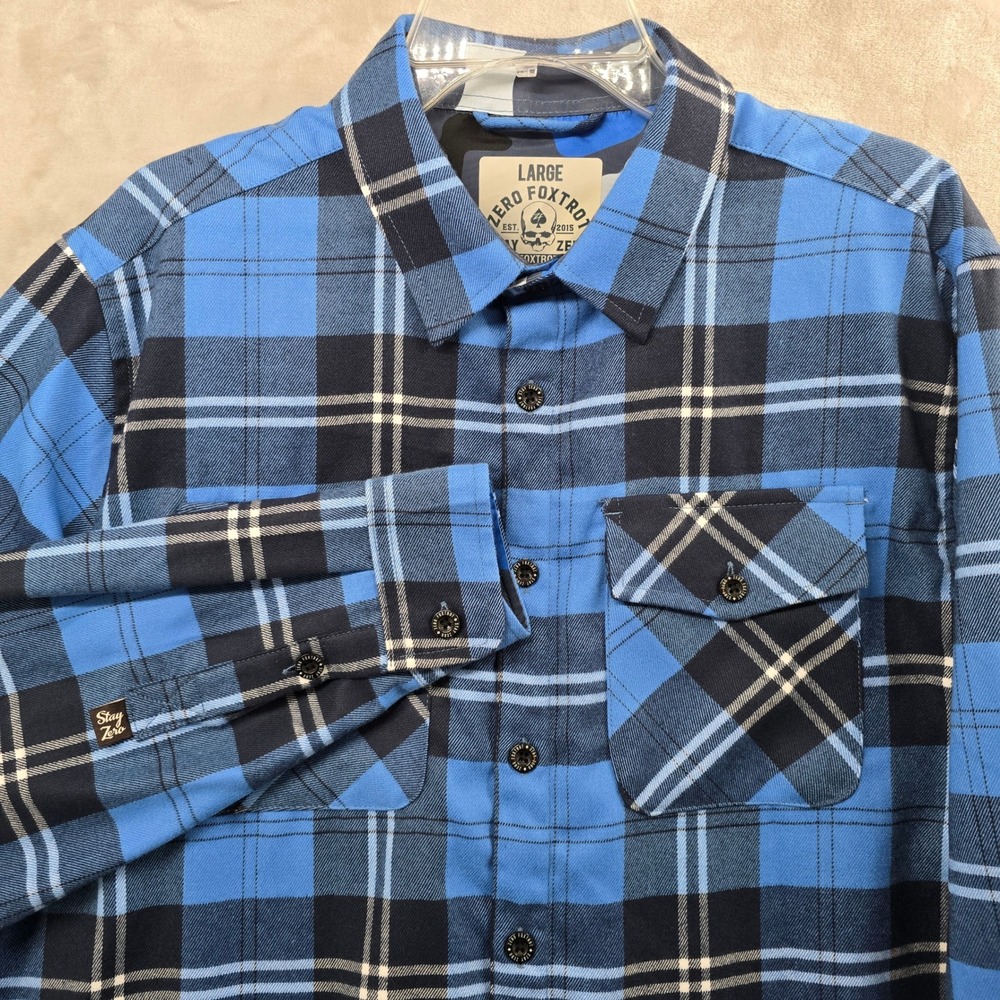 NWOT Zero Foxtrot Size Large Flannel Shirt Blue Plaid Long Sleeve Button Down‎